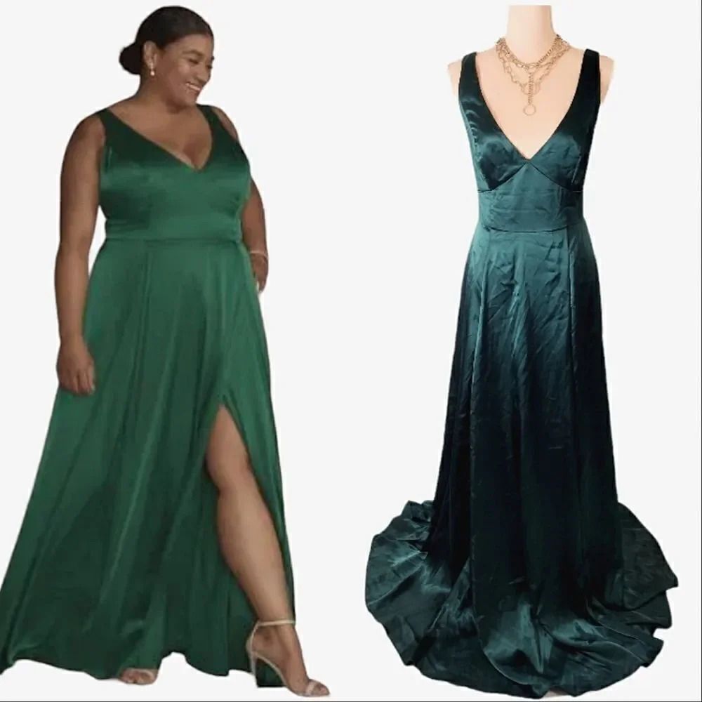 Galina Signature Green Tank‎ V Neck Long Dress with Slit SZ 12 Formal Bridesmaid
